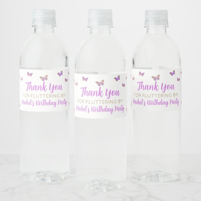Purple Butterfly Birthday Party Favor Water Bottle Label (Bottles)