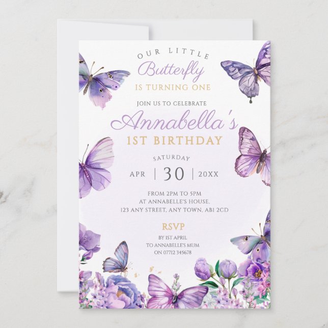 Purple Butterfly Birthday Party Invite Flutter By (Front)