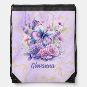 Purple Butterfly Blooming Garden Drawstring Bag