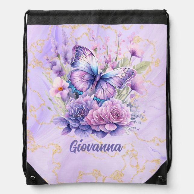 Purple Butterfly Blooming Garden  Drawstring Bag (Front)