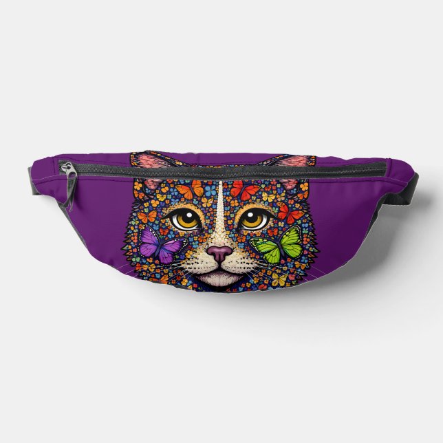 Purple Butterfly Blooms Cat Portrait | Kitty Lover Fanny Pack (Lay Down)