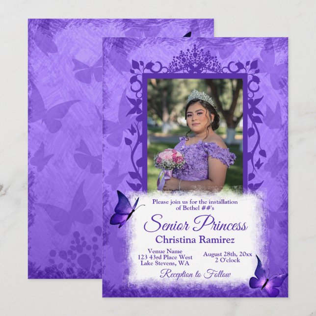 Purple Butterfly Border Honored Queen Installation Invitation (Front/Back)