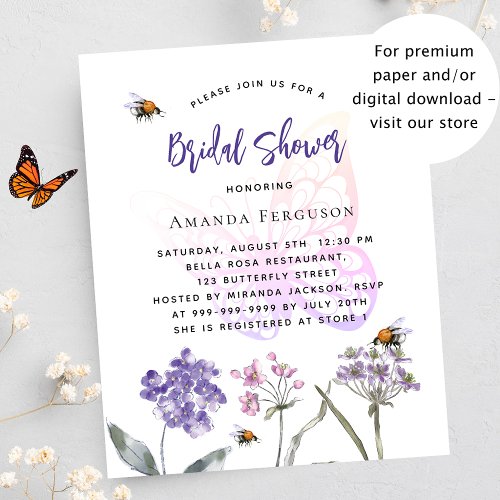Purple butterfly budget bridal shower invitation