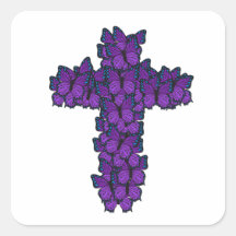 Purple Butterfly Cross Square Stickers