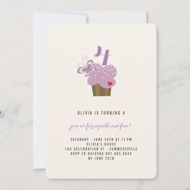 Purple Butterfly Cupcake Birthday Party Invite (Front)