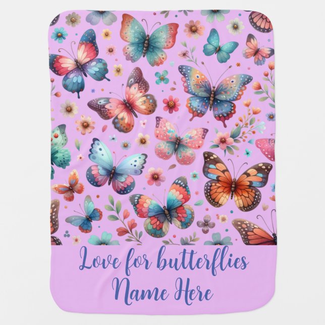Purple Butterfly Custom Text Baby Blanket (Front)