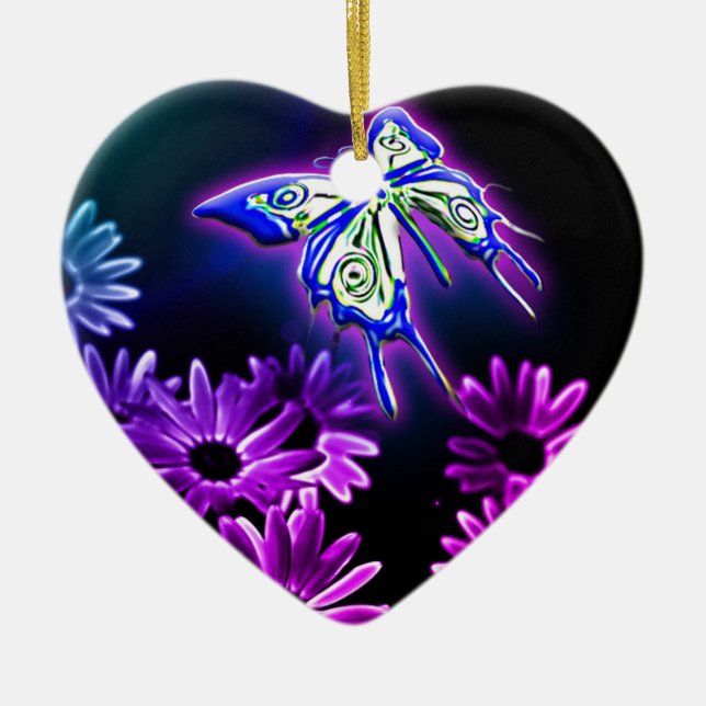 Purple Butterfly Daisy Ceramic Ornament (Front)