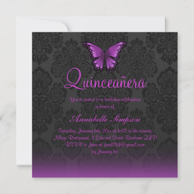 Purple Butterfly & Damask Quinceanera Invite (Front)