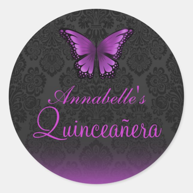 Purple Butterfly & Damask Quinceañera Sticker (Front)