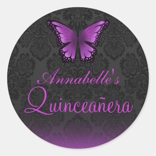 Purple Butterfly & Damask Quinceañera Sticker