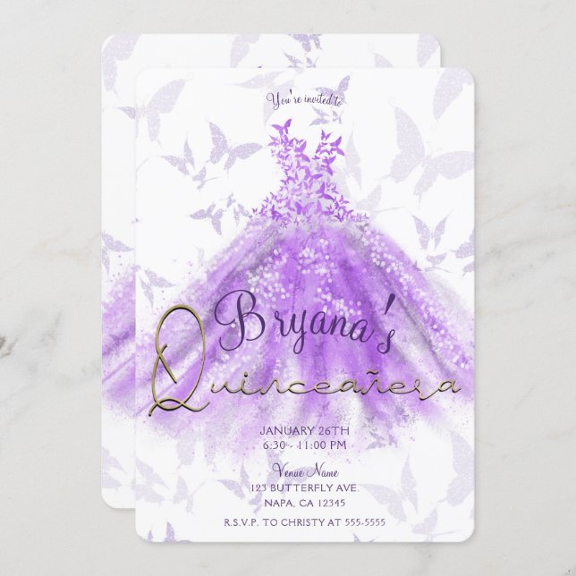 Purple Butterfly Dance Dress Quinceañera Party  Invitation (Front/Back)