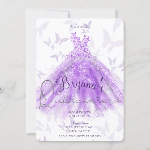 Purple Butterfly Dance Dress Silver Quinceaera 15 Invitation