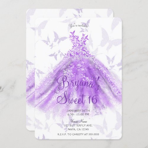 Purple Butterfly Dance Dress Sweet 16 Party Invitation