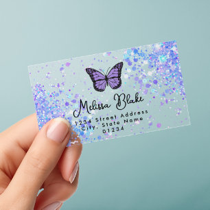 purple butterfly design clear business cards