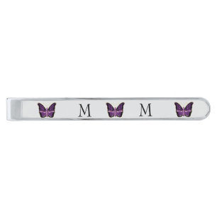 Purple Butterfly Design Monogrammed Silver Finish Tie Bar
