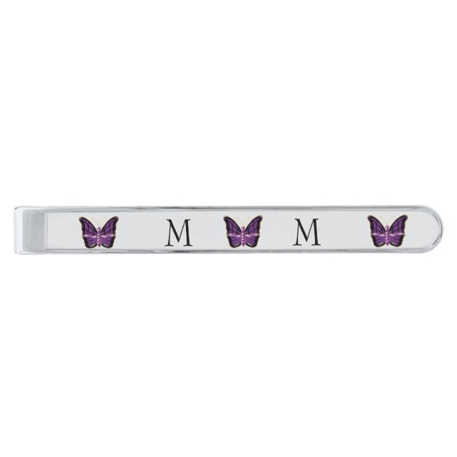 Purple Butterfly Design Monogrammed Silver Finish Tie Bar (Front)