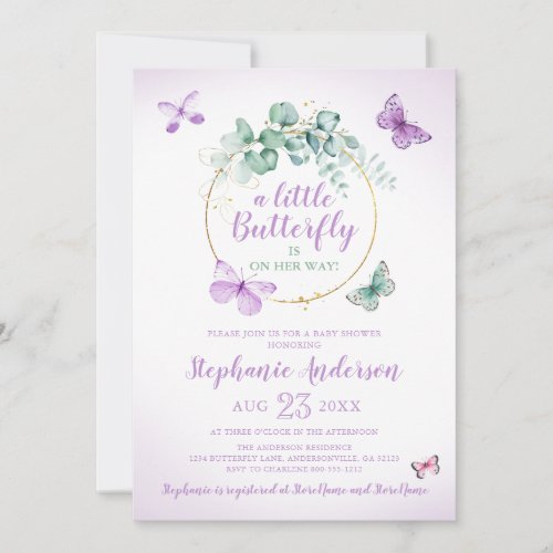 Purple Butterfly Eucalyptus Baby Girl Shower Invit Invitation