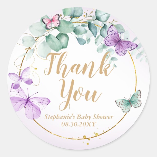 Purple Butterfly Eucalyptus Baby Shower Favor  Classic Round Sticker (Front)