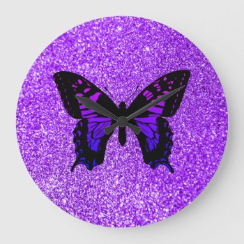 Purple Butterfly Faux Violet Girly Glitter Large Clock by purplestuff at Zazzle