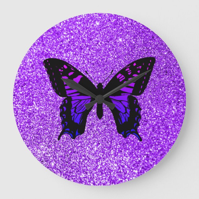 Purple Butterfly Faux Violet Girly Glitter Large Clock (Front)