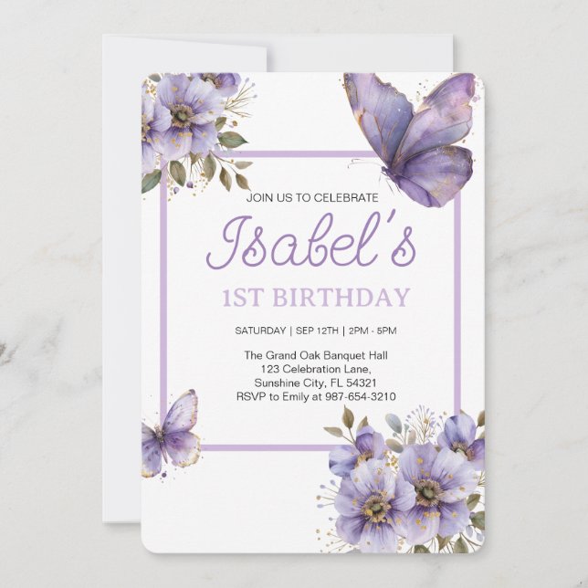 Purple Butterfly first birthday,flowers Invitation (Front)