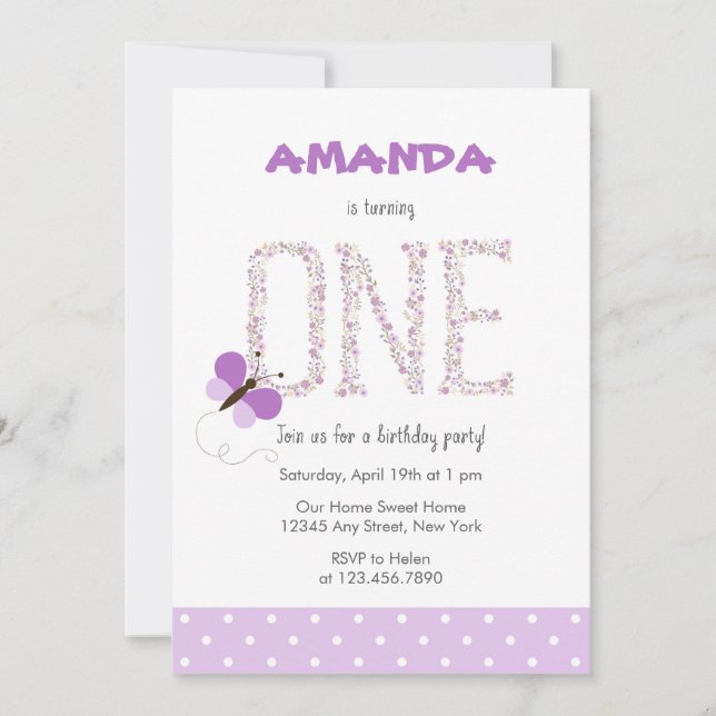 Purple Butterfly First Birthday Invitation (Front)
