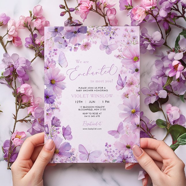Purple Butterfly Floral Baby Shower Enchanted Invitation (Girl Baby Shower Invitation. Enchanted Purple Floral Butterfly)