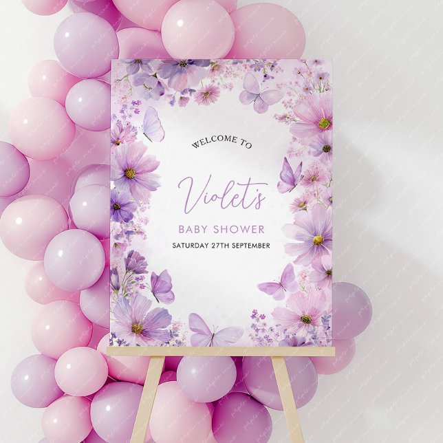 Purple Butterfly Floral Baby Shower Welcome Foam Board (Baby Shower Welcome Sign | Purple Butterfly Floral Enchanted to Meet You Baby Shower)