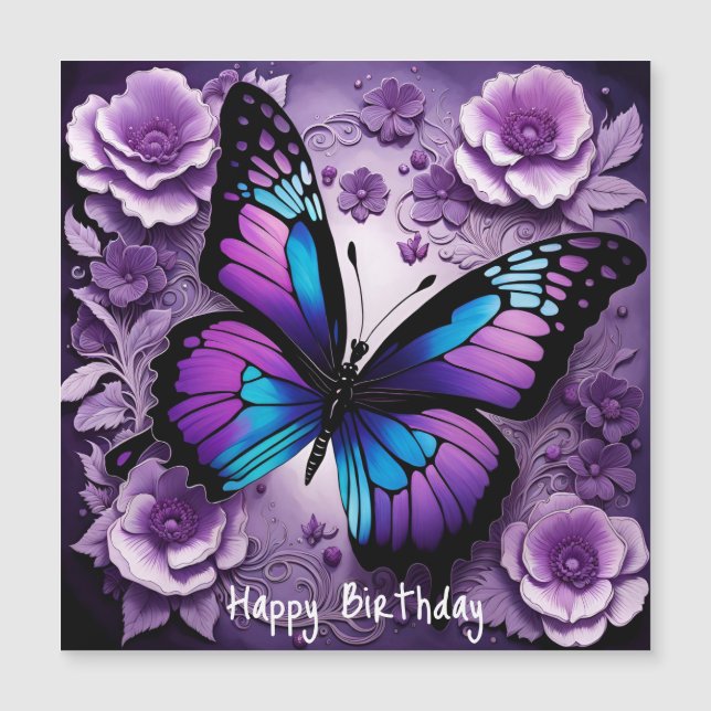 Purple Butterfly Floral Birthday Magnetic Card (Front)