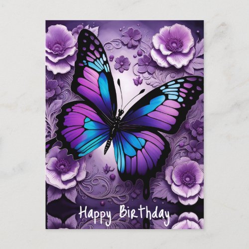 Purple Butterfly Floral Birthday  Postcard