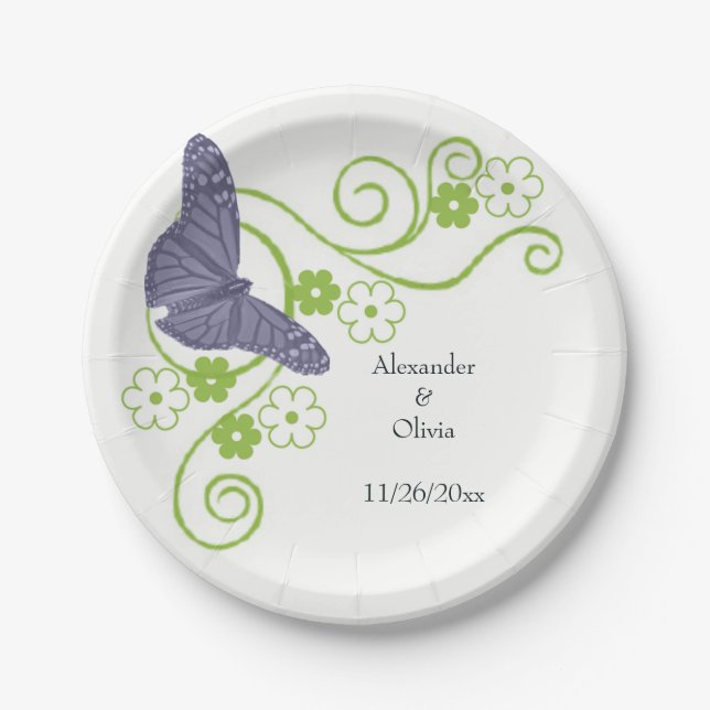 Purple Butterfly Floral Bridal Shower Paper Plate (Front)