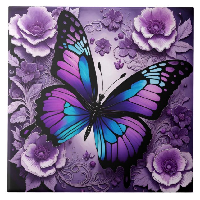 Purple Butterfly Floral  Ceramic Tile (Front)