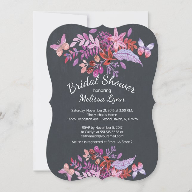 Purple Butterfly Floral Fall Bridal Shower Invitation (Front)