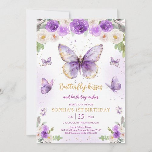 Purple Butterfly Floral Girl Birthday Invitation