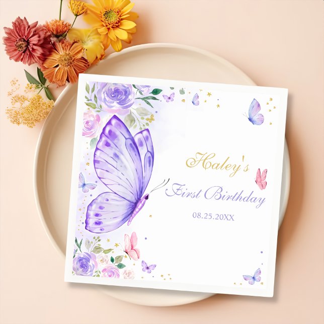 Purple Butterfly Floral  Girl Birthday Party  Napkins (Creator Uploaded)
