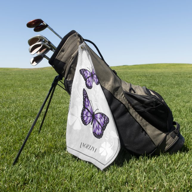 Purple Butterfly Floral Golf Towel (Green)