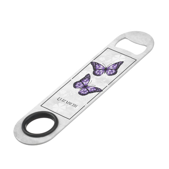 Purple Butterfly Floral Personalized Bar Key (Front Angled)