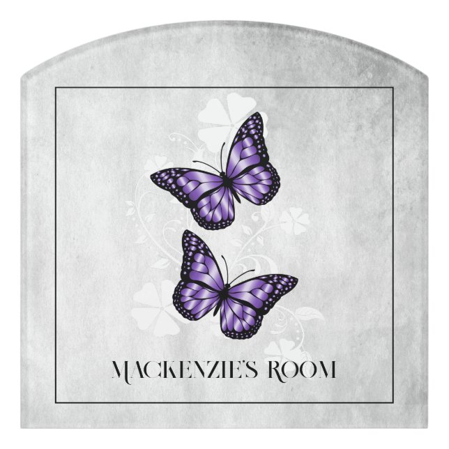 Purple Butterfly Floral Personalized Door Sign (Contour Front)