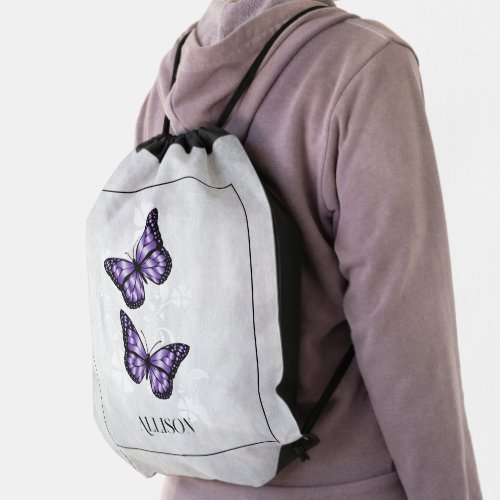 Purple Butterfly Floral Personalized Drawstring Bag