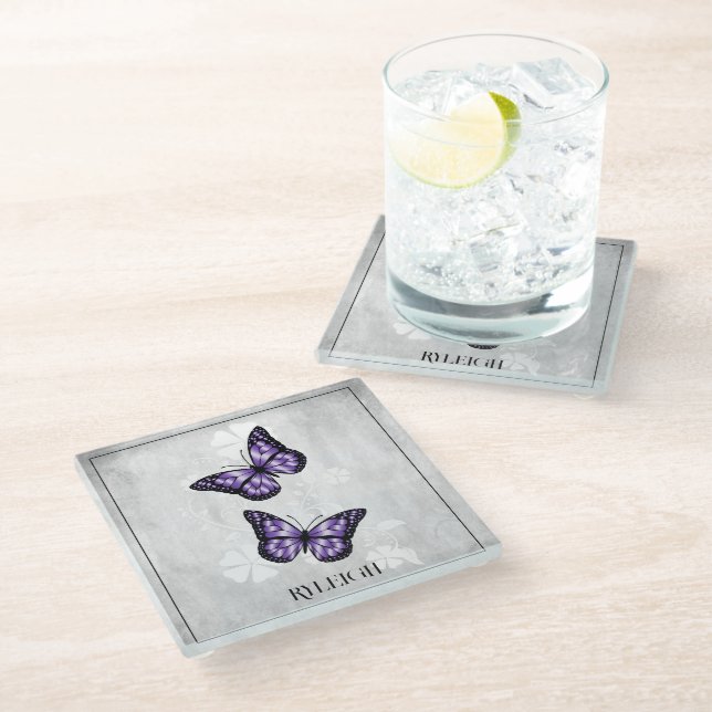 Purple Butterfly Floral Personalized Glass Coaster (Angled)