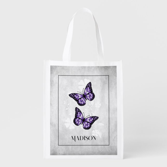 Purple Butterfly Floral Personalized Grocery Bag (Front)