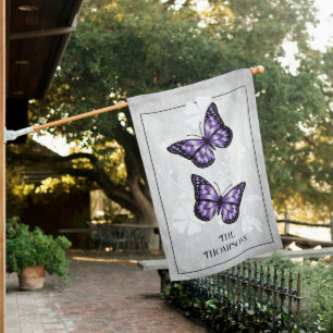Purple Butterfly Floral Personalized House Flag