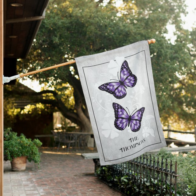 Purple Butterfly Floral Personalized House Flag (In SItu)