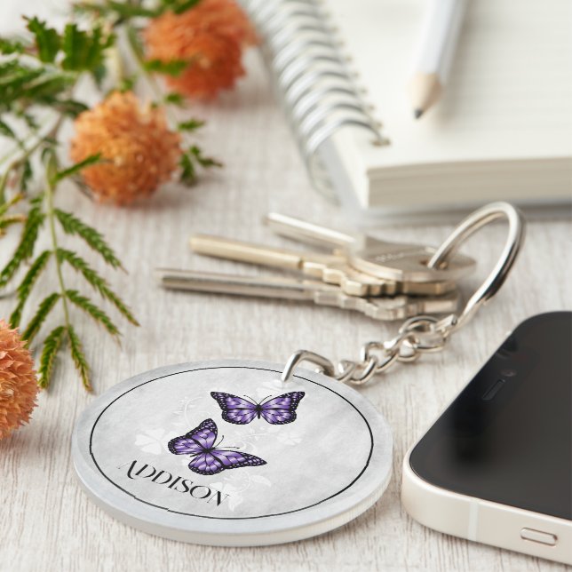 Purple Butterfly Floral Personalized Keychain (Front Right)