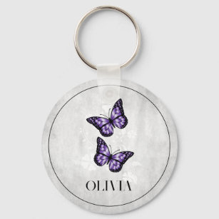 Purple Butterfly Floral Personalized Keychain
