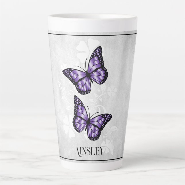 Purple Butterfly Floral Personalized Latte Mug (Front)
