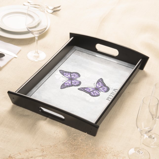 Purple Butterfly Floral Personalized Serving Tray (Front)