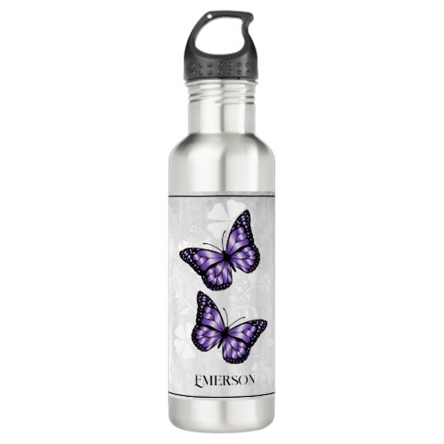 Purple Butterfly Floral Personalized Stainless Steel Water Bottle