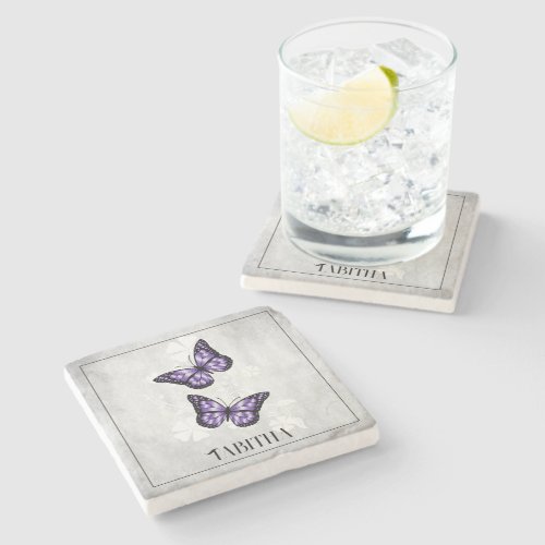 Purple Butterfly Floral Personalized Stone Coaster