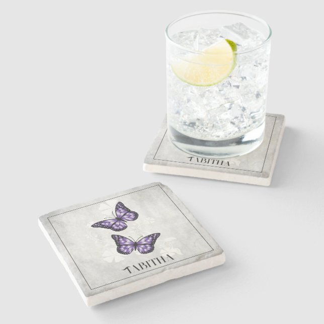 Purple Butterfly Floral Personalized Stone Coaster (Side)